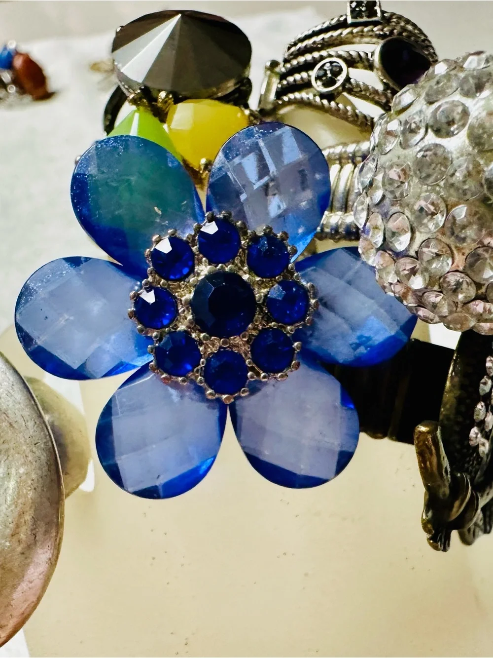 Fun Costume Stretch Rings Blue Flower Owls Rhinestones